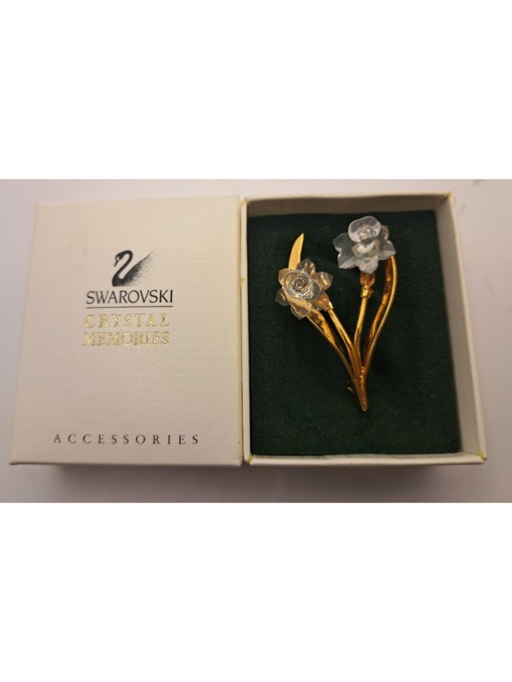 Swarovski Crystal Memories Daffodil Flower Gold Plated Brooch Pin NOS